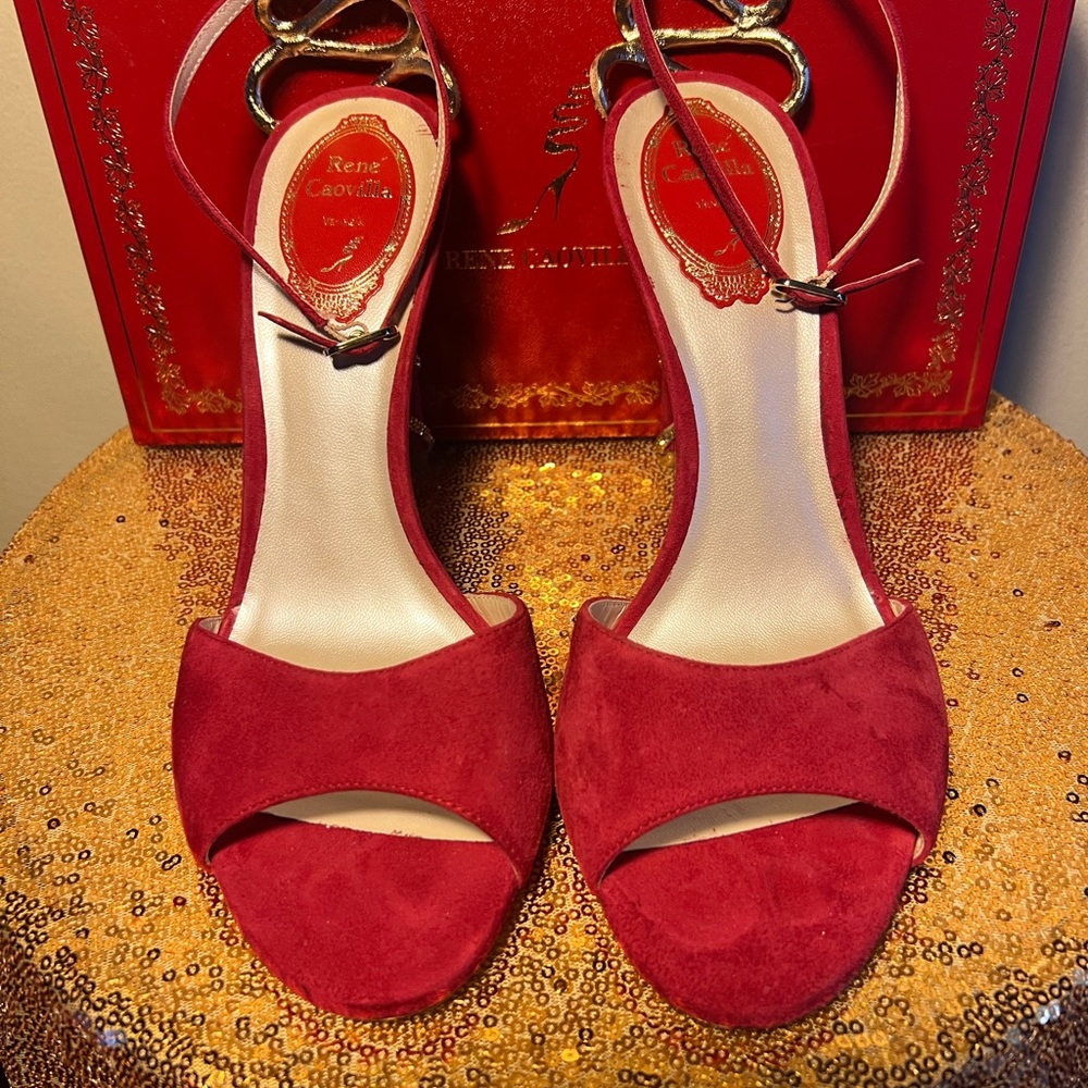 Rene’ Caovilla Red Serpent-detail 100mm suede sandals.  Women’s Size 39 1/2. - Picture 9 of 11